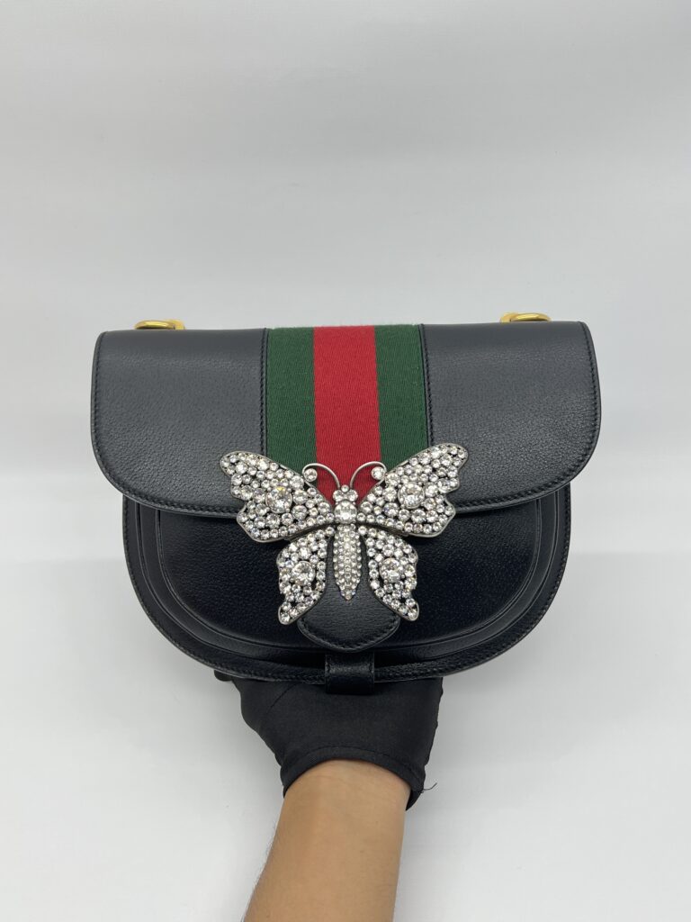 Gucci Crystal Butterfly Leather Black Ophidia GHW