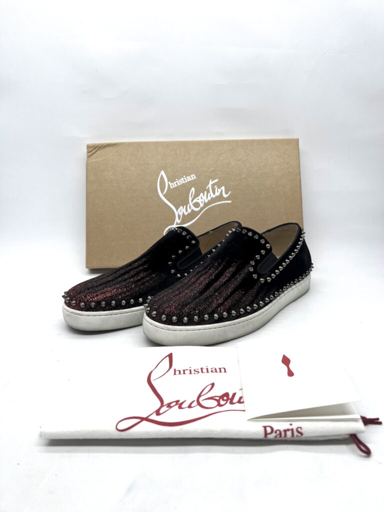 Christian Louboutin Pik Boat Slip On Velvet Black Red Glitter
