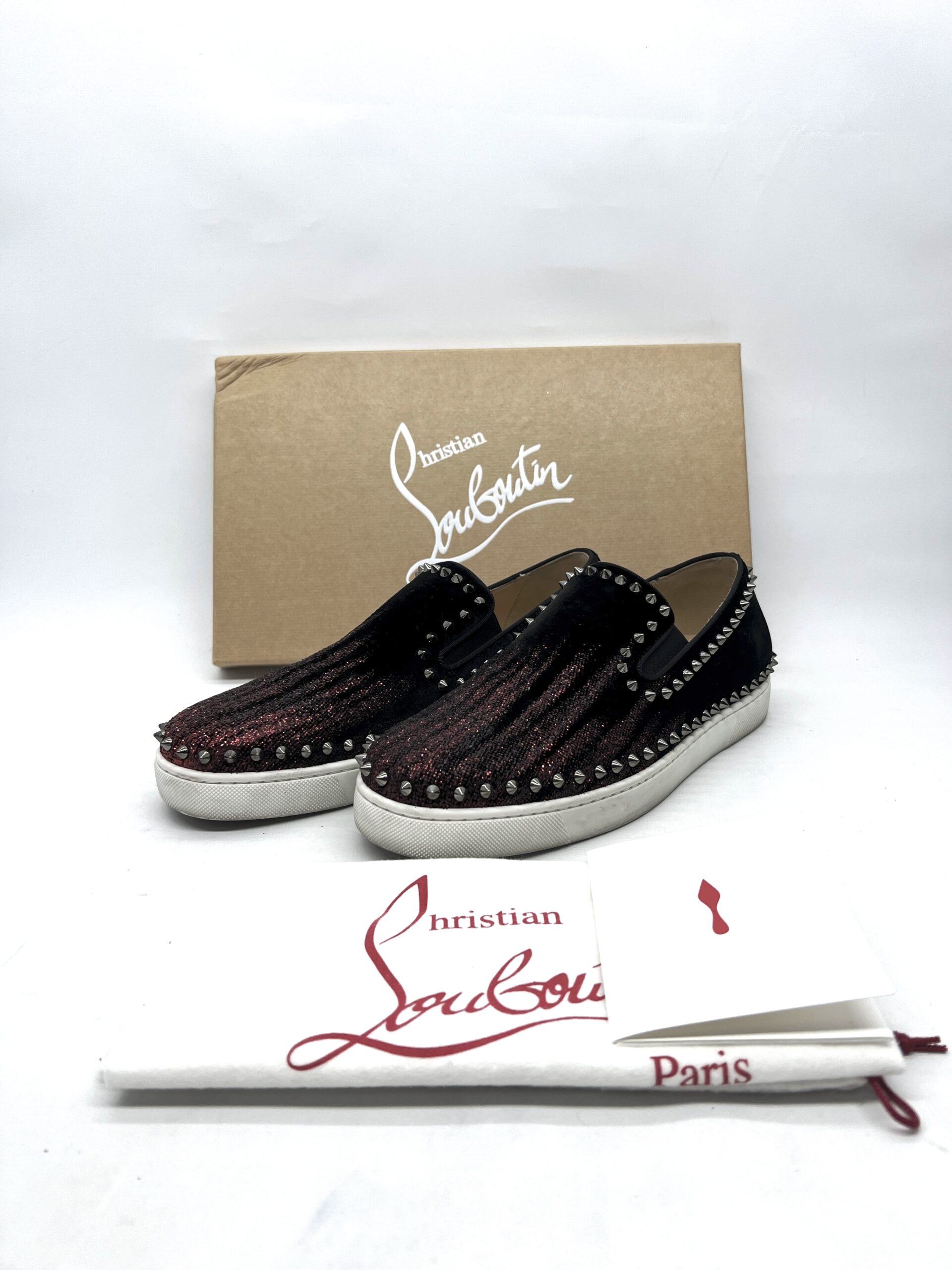 Christian Louboutin Pik Boat Slip On Velvet Black Red Glitter