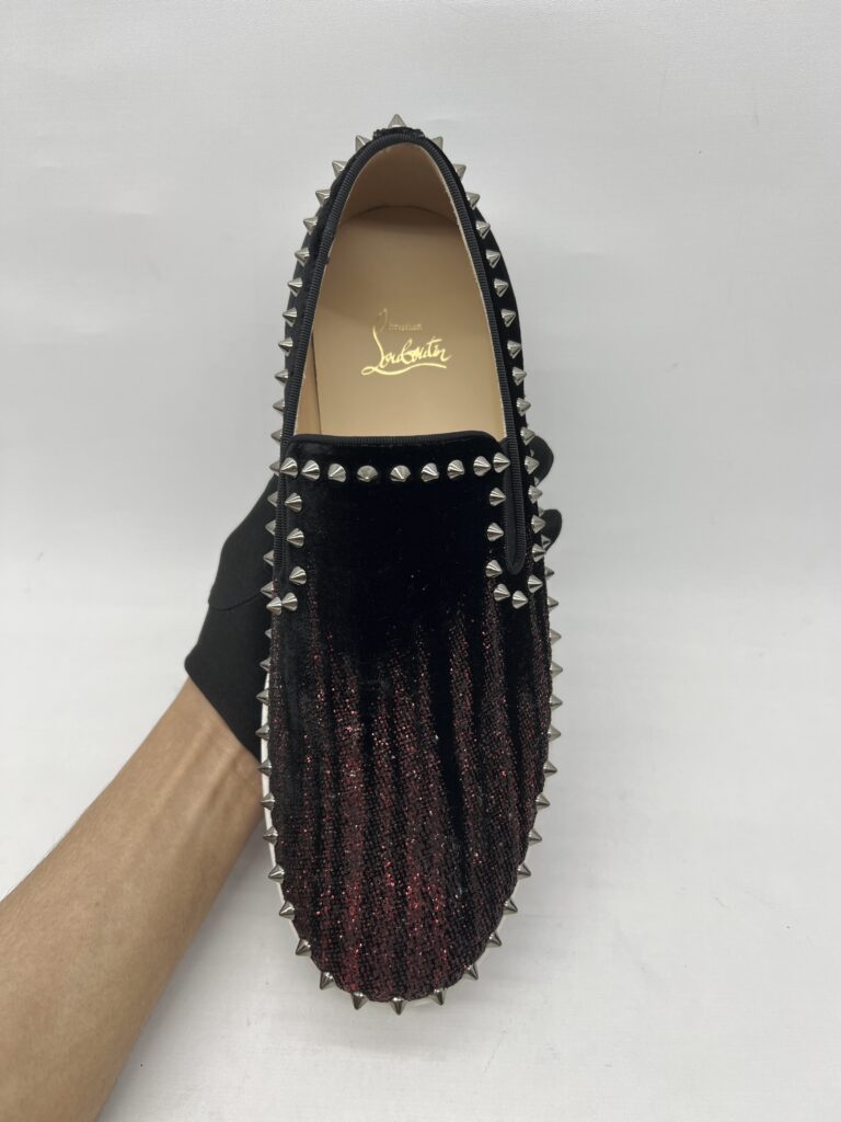 Christian Louboutin Pik Boat Slip On Velvet Black Red Glitter
