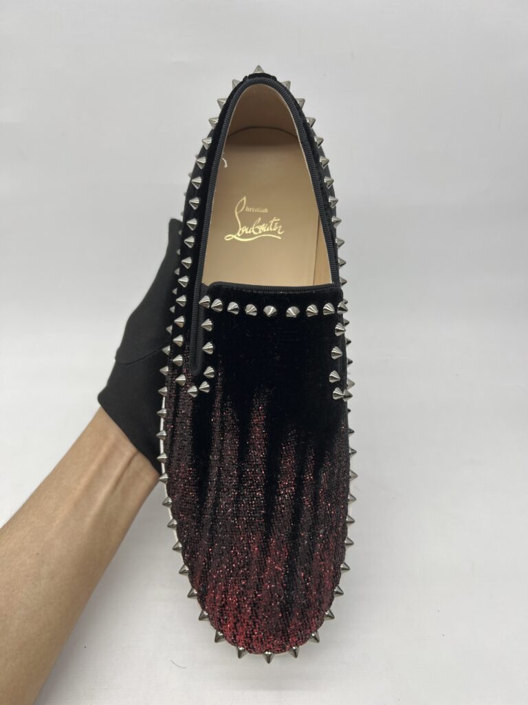 Christian Louboutin Pik Boat Slip On Velvet Black Red Glitter