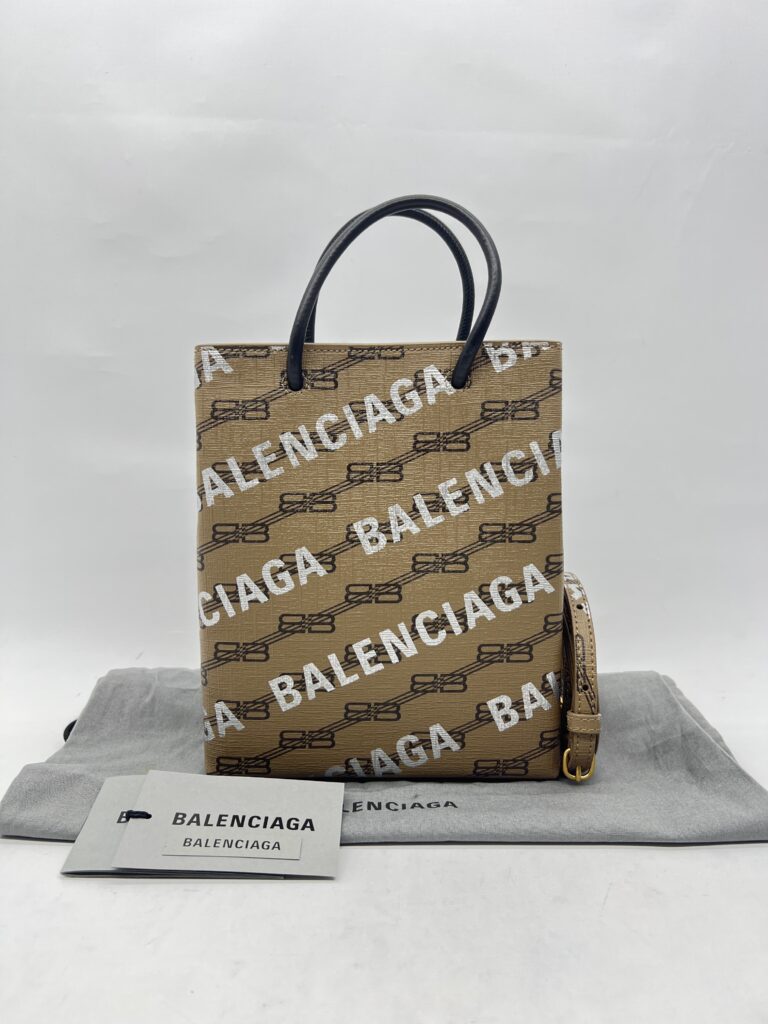Balenciaga Mini Shopping Tote Brown All Over Logo Silver GHW