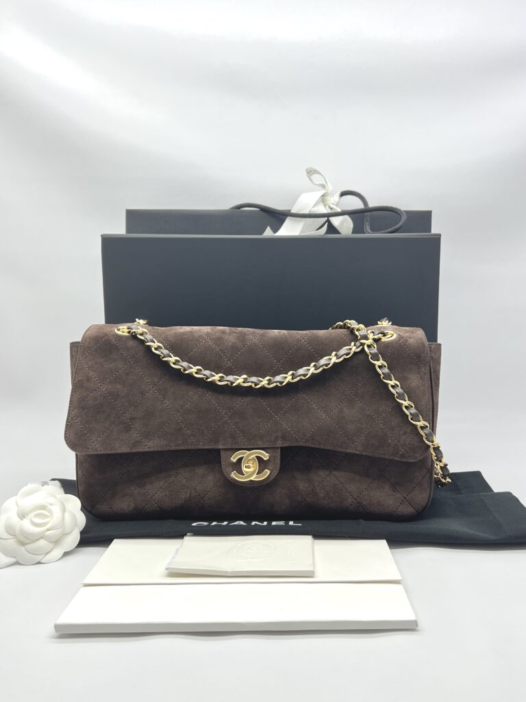 Chanel Flap Maxi Suede Dark Brown GHW