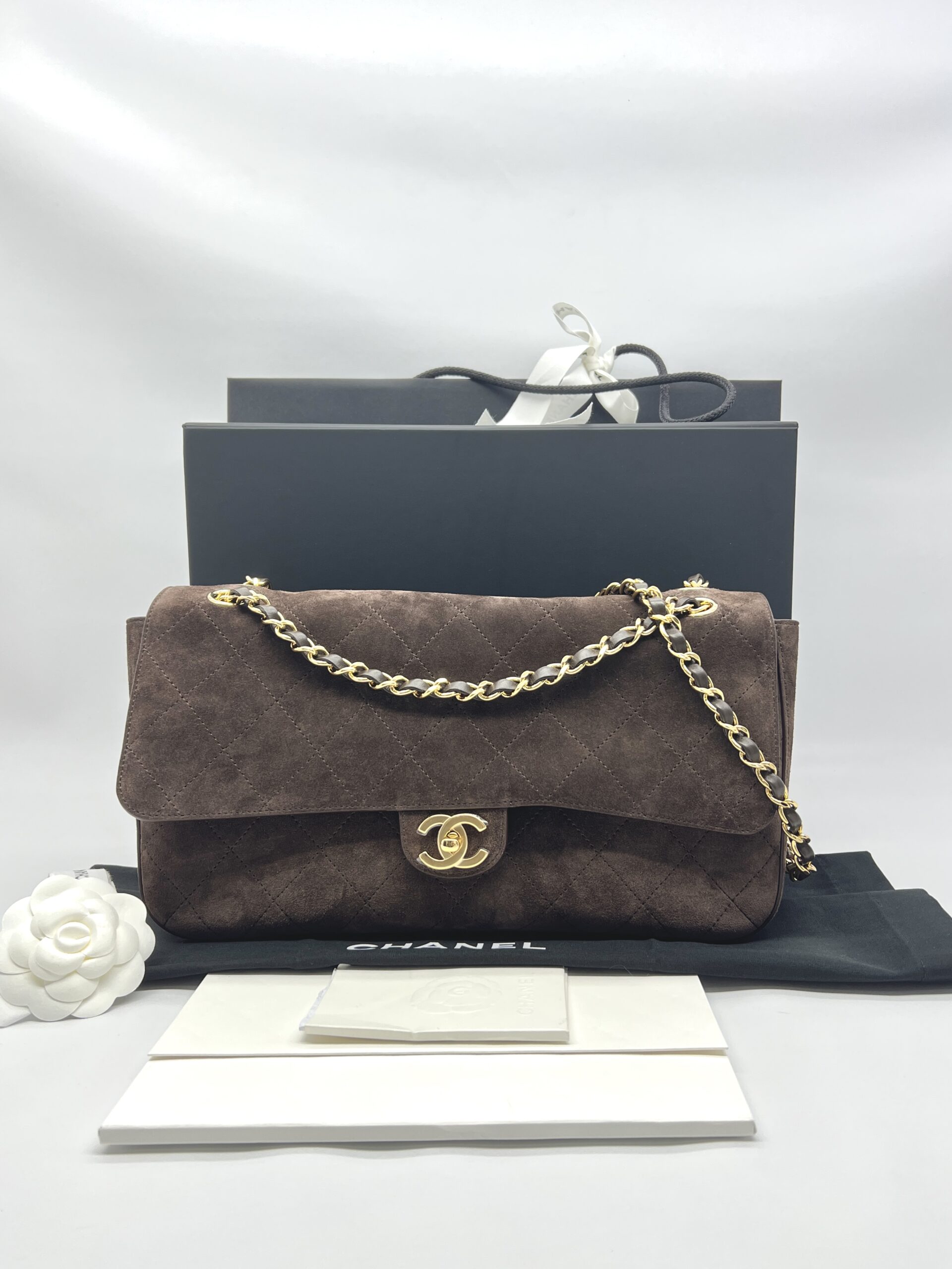 Chanel Flap Maxi Suede Dark Brown GHW