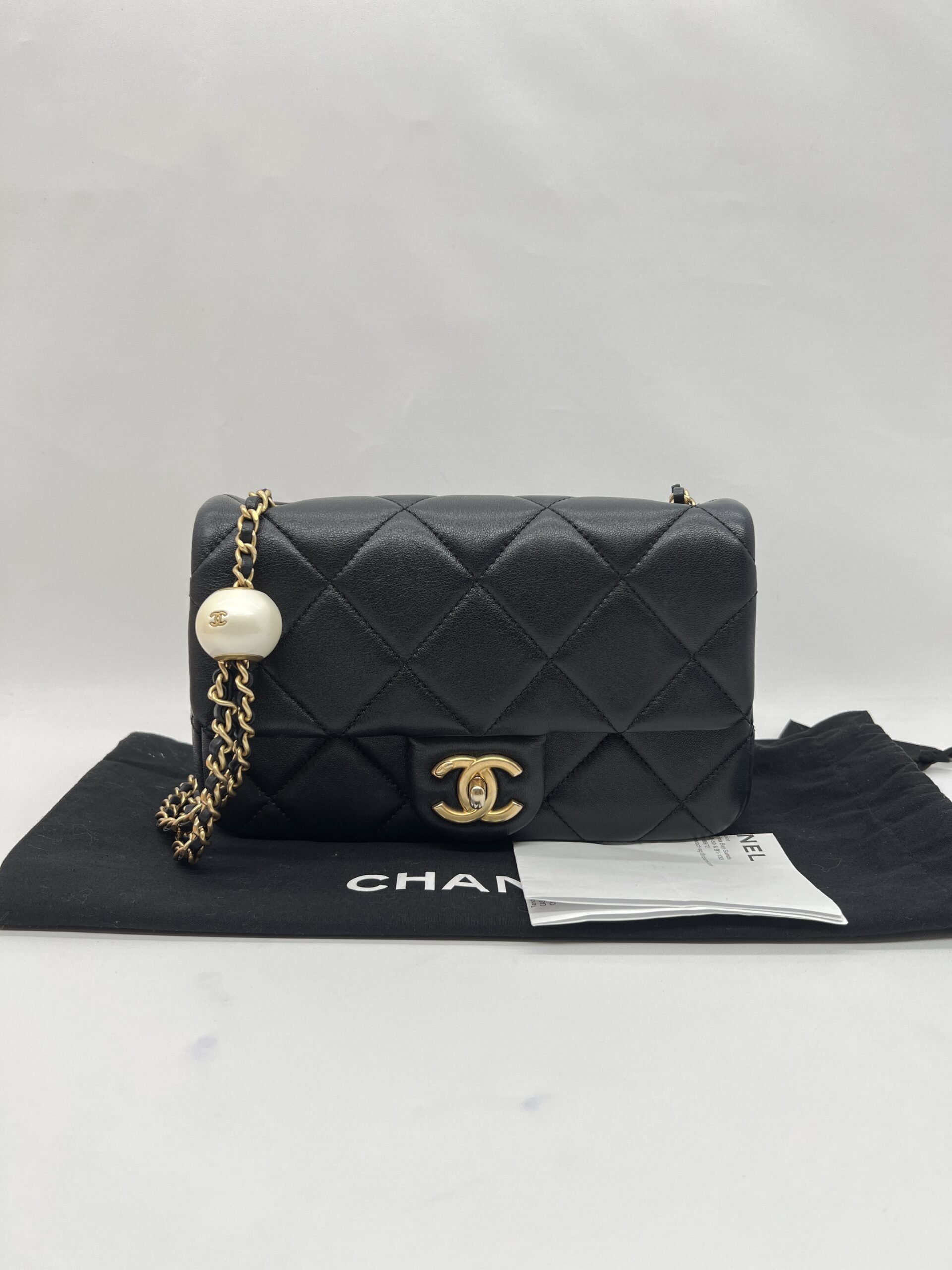Chanel Mini Square Pearl Flap Bag Lambskin Black GHW