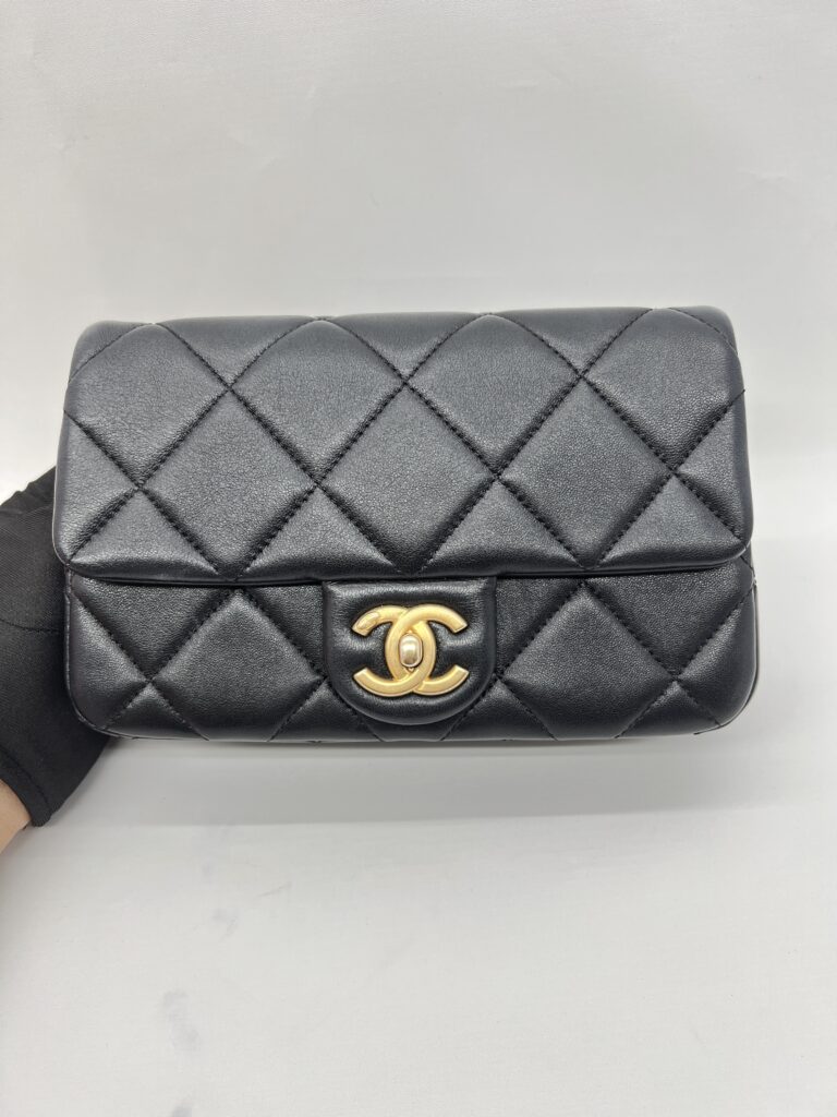 Chanel Mini Square Pearl Flap Bag Lambskin Black GHW