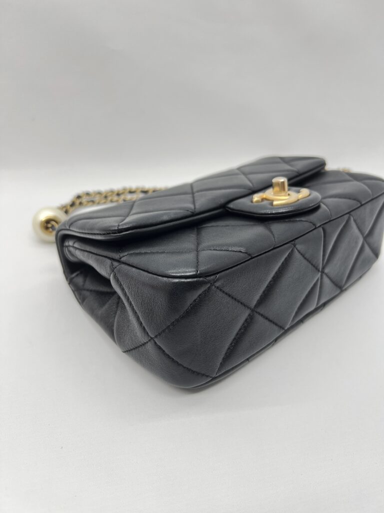 Chanel Mini Square Pearl Flap Bag Lambskin Black GHW