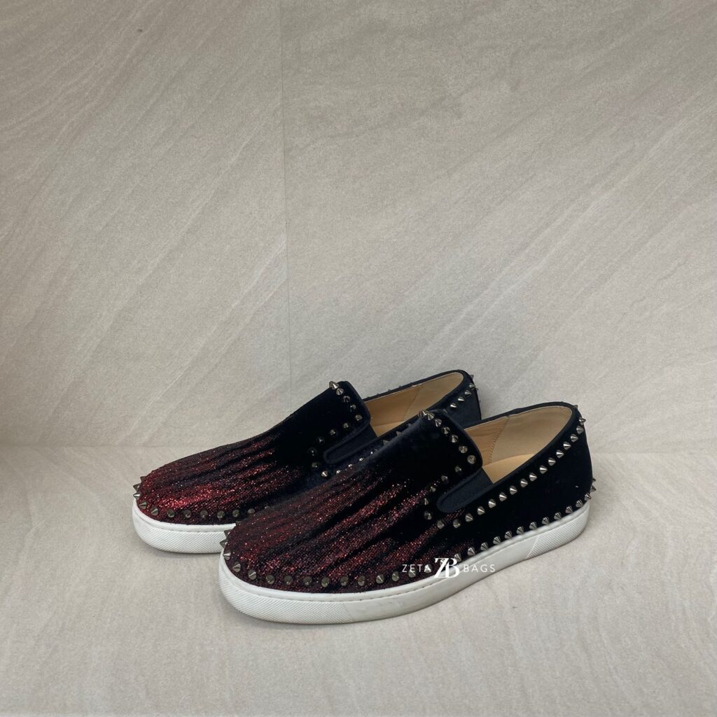 Christian Louboutin Pik Boat Slip On Velvet Black Red Glitter