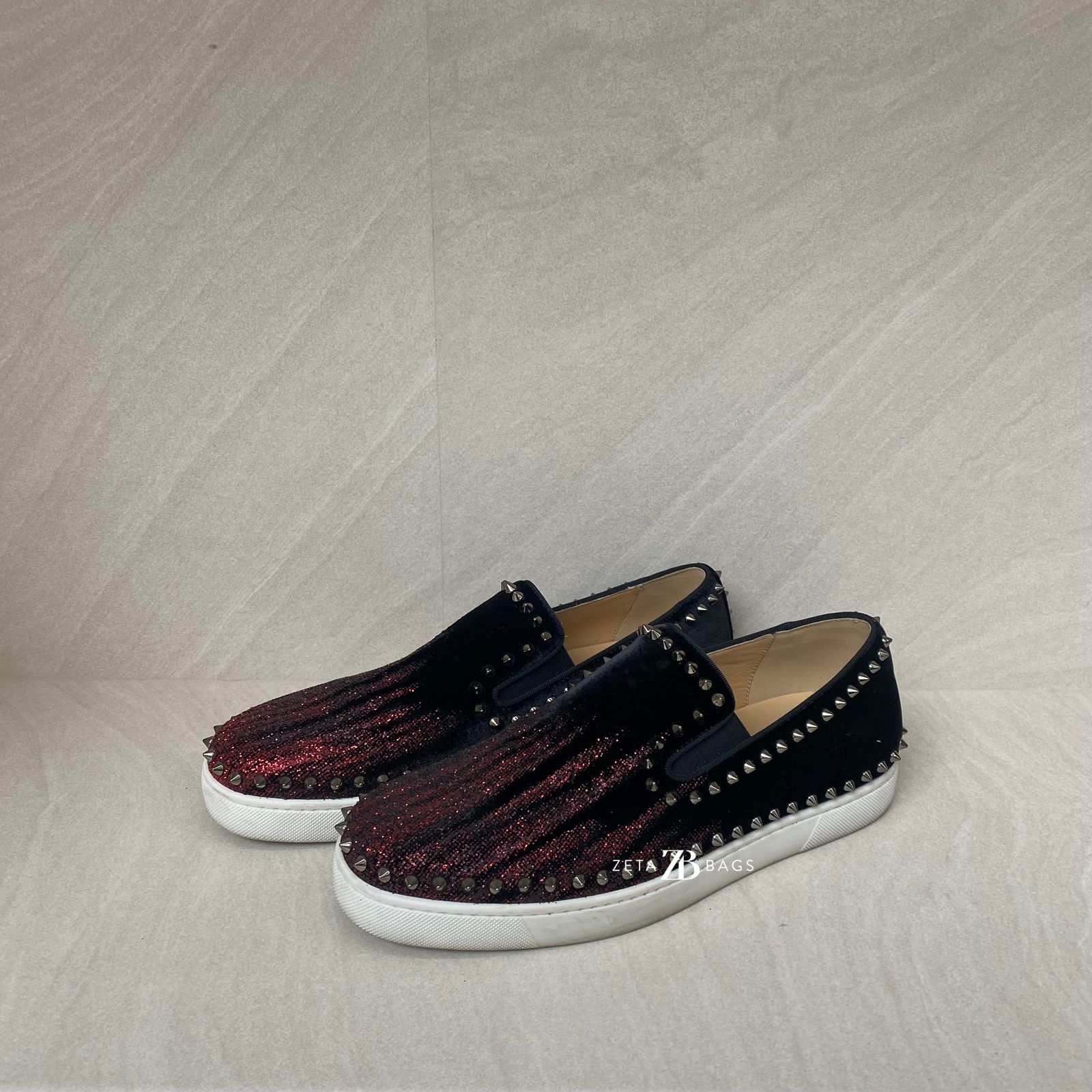 Christian Louboutin Pik Boat Slip On Velvet Black Red Glitter