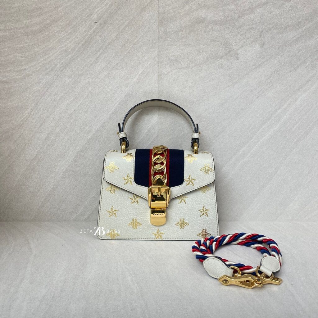 Gucci Sylvie Mini Leather White Bees GHW