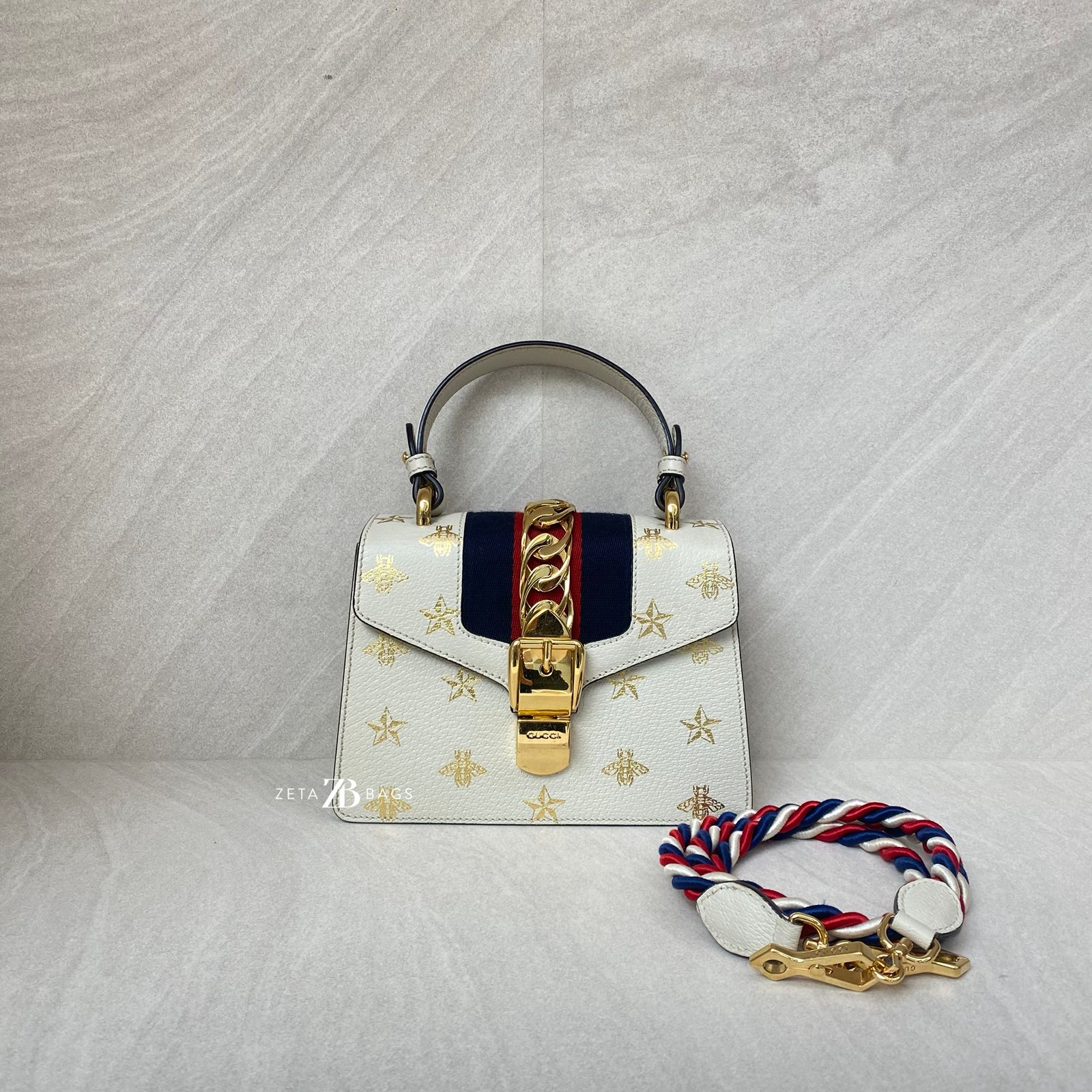 Gucci Sylvie Mini Leather White Bees GHW
