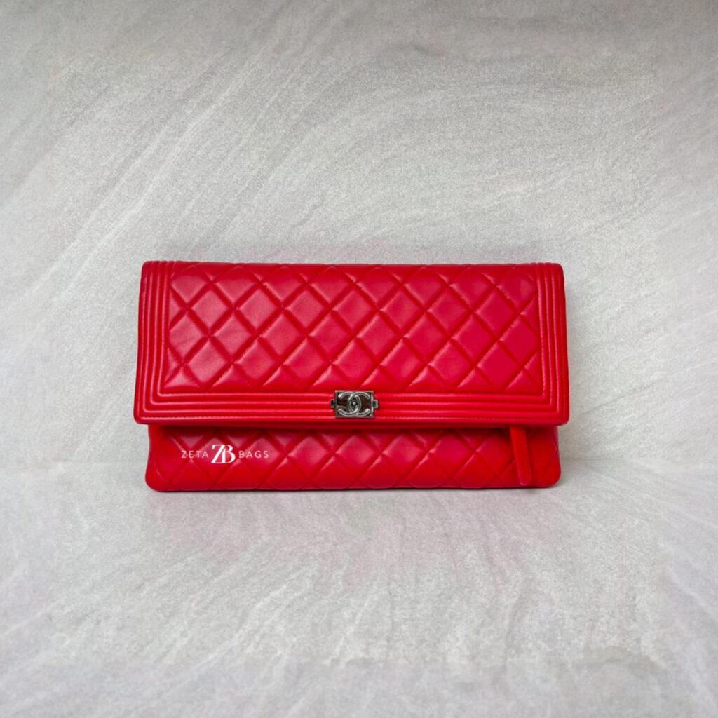 Chanel Boy Fold Clutch Lambskin Red SHW