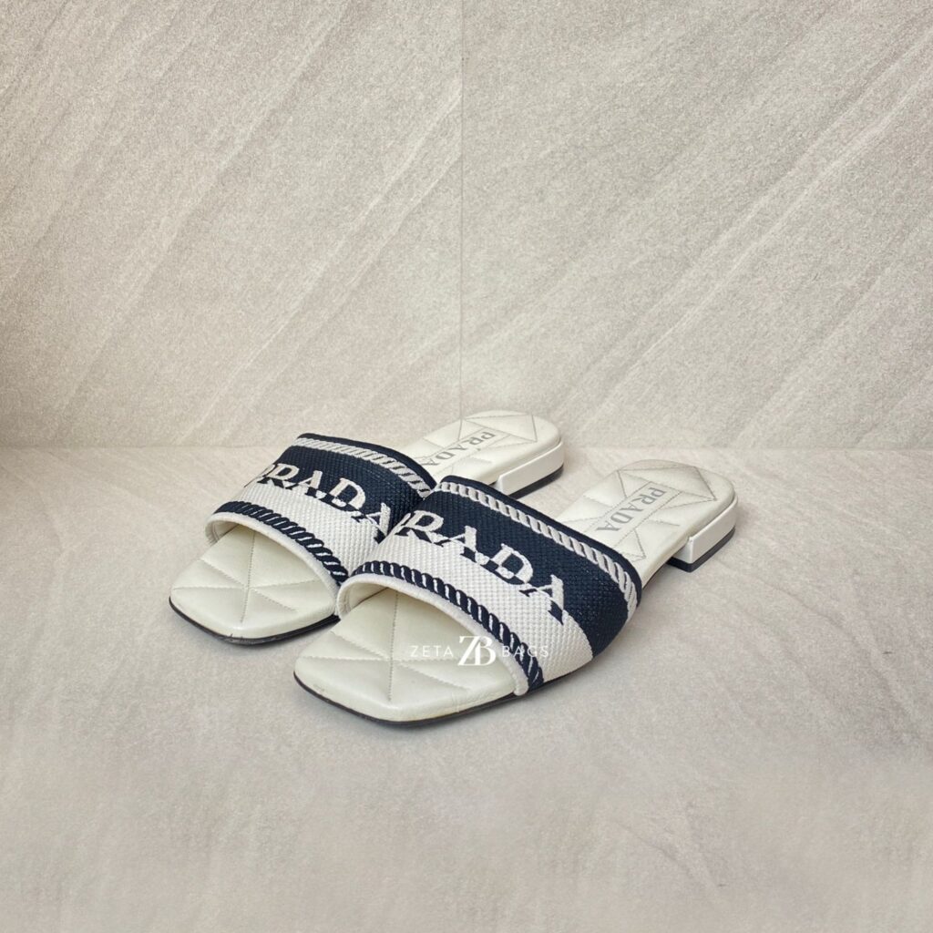 Prada Slide Sandals Embroidered White Black