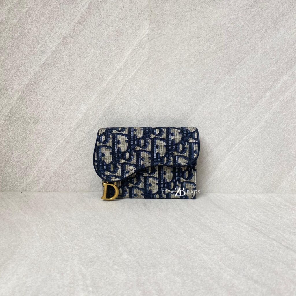 Dior Saddle Card Holder Canvas Blue Oblique