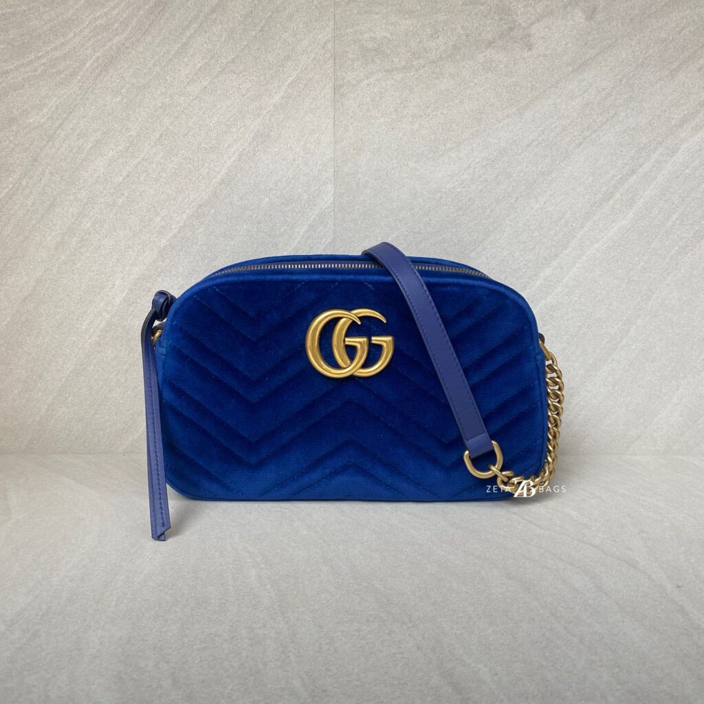 Gucci Marmont Camera Small Velvet Blue GHW