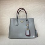 Prada Tote Bag Handle Saffiano Cuir Grey Granat GHW