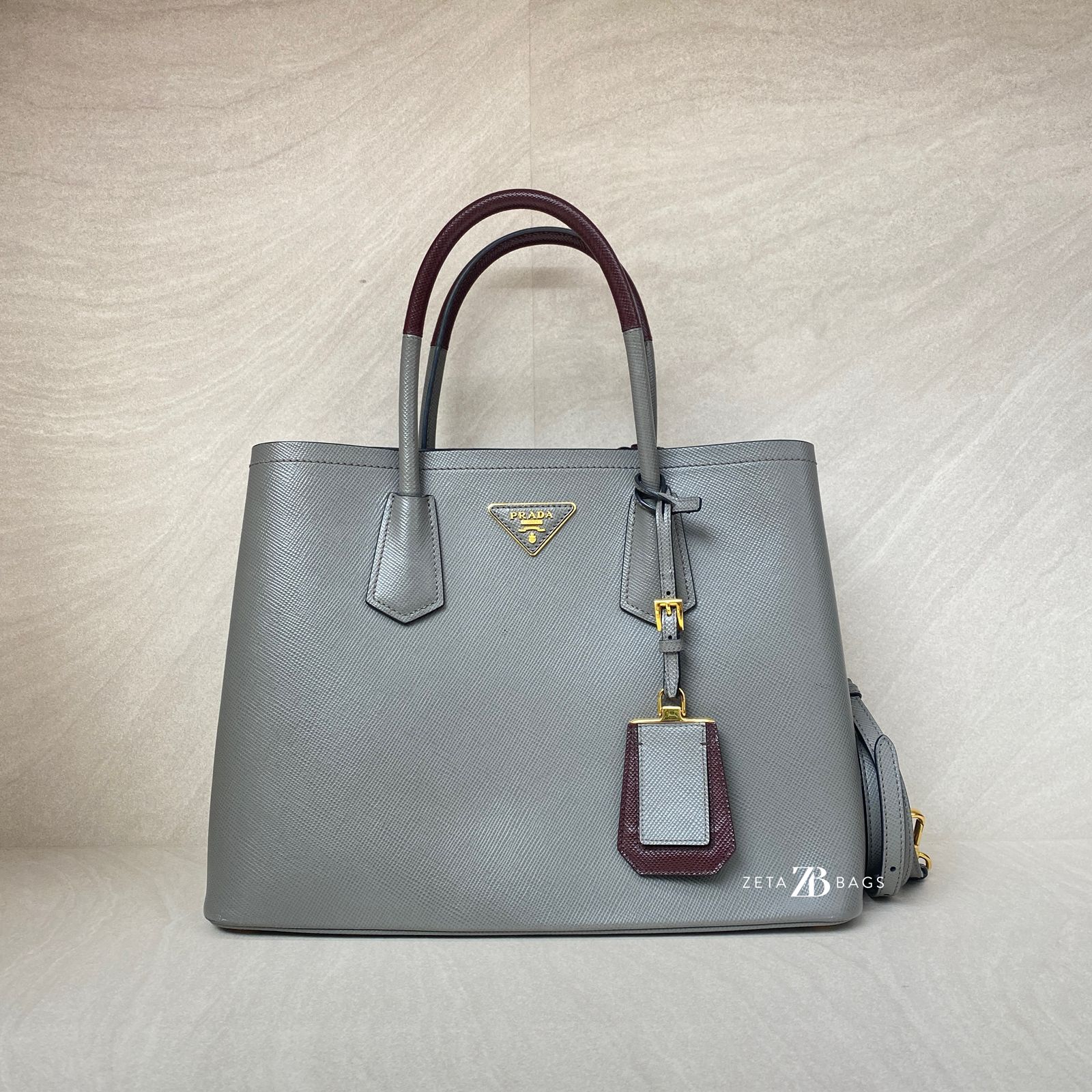 Prada Tote Bag Handle Saffiano Cuir Grey Granat GHW