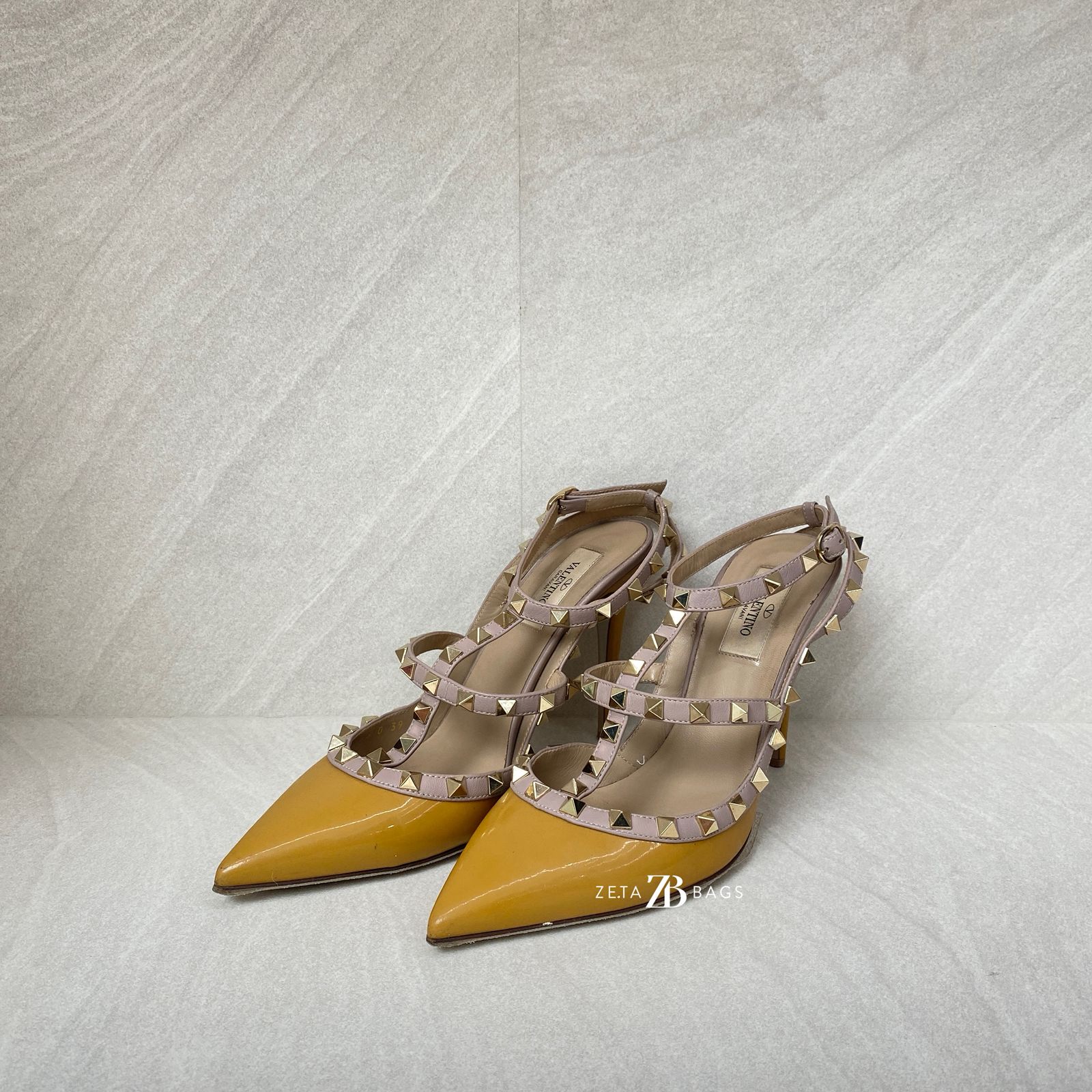 Valentino Rockstud Ankle Heels Patent Mustard
