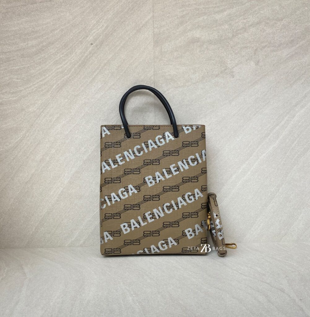 Balenciaga Mini Shopping Tote Brown All Over Logo Silver GHW