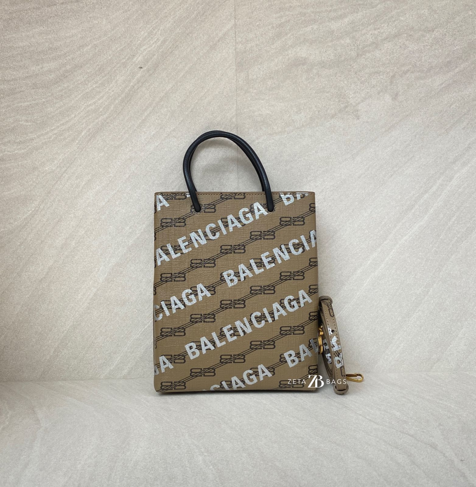Balenciaga Mini Shopping Tote Brown All Over Logo Silver GHW
