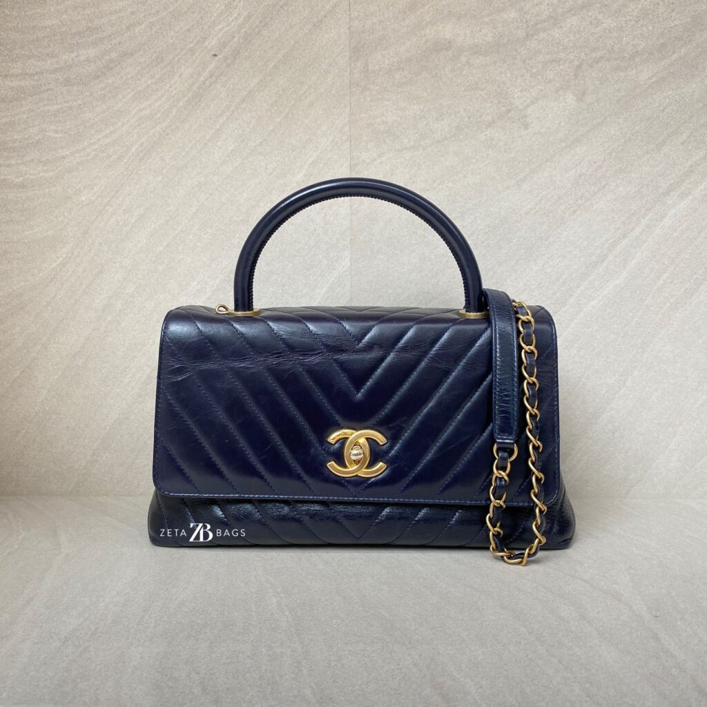Chanel Coco Handle Medium Chevron Navy GHW