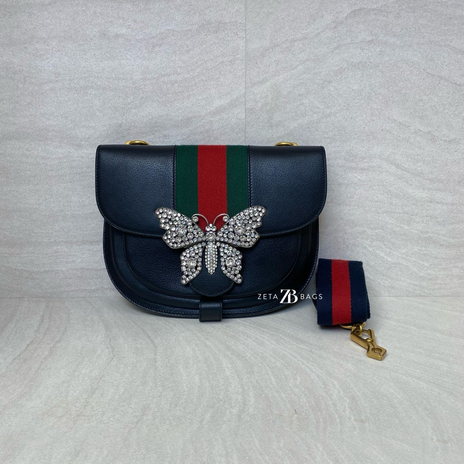 Gucci Crystal Butterfly Leather Black Ophidia GHW