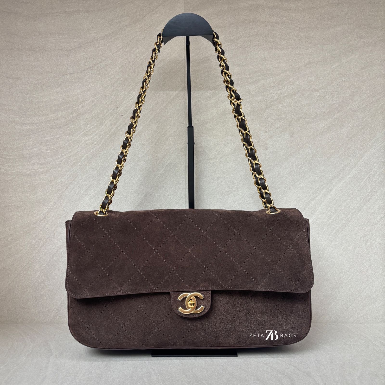 Chanel Flap Maxi Suede Dark Brown GHW
