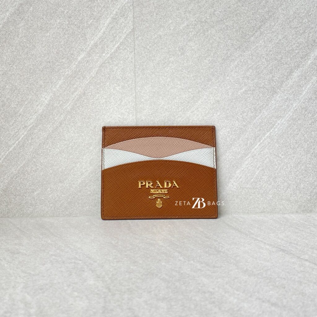 Prada Card Holder Saffiano Brown Multicolor GHW