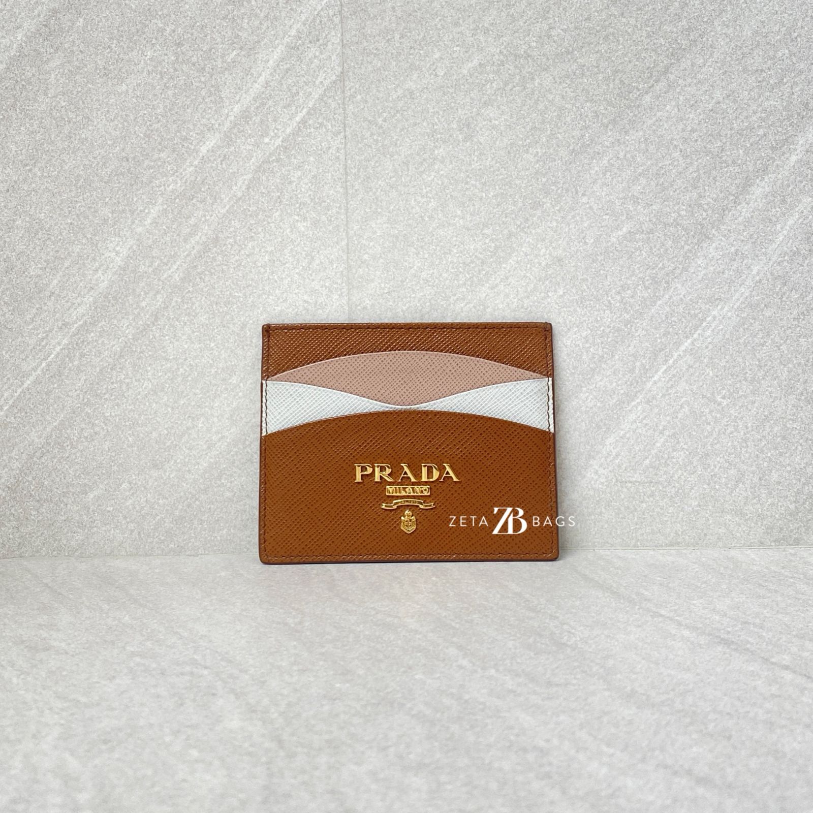 Prada Card Holder Saffiano Brown Multicolor GHW