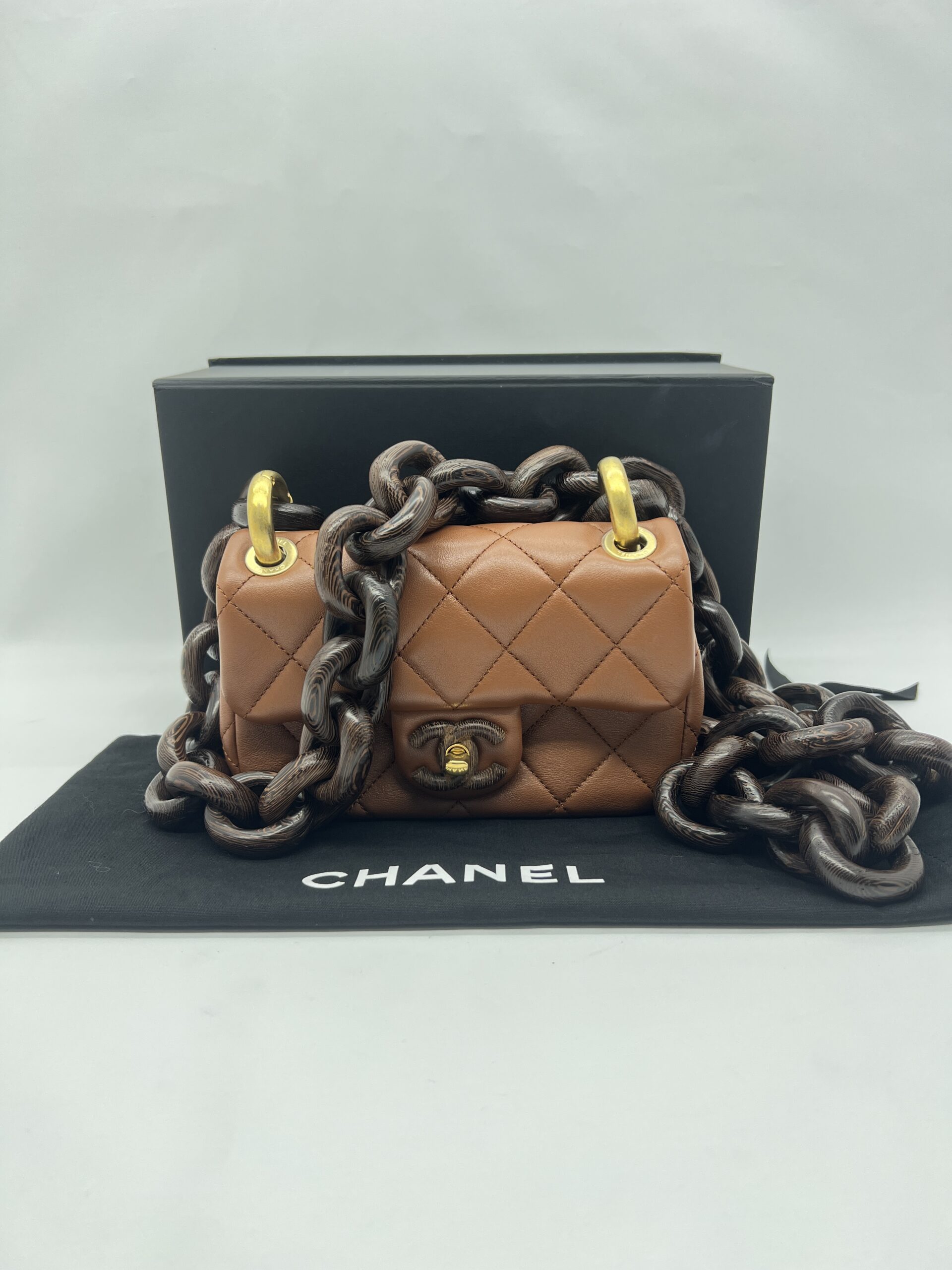 Chanel Mini Flap Rectangle Paris Lambskin Caramel Brown Wood HW