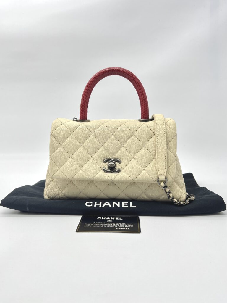 Chanel Small Coco Handle Ivory Caviar Red Lizard RHW