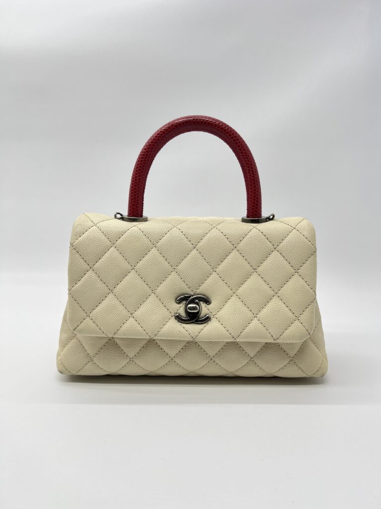 Chanel Small Coco Handle Ivory Caviar Red Lizard RHW