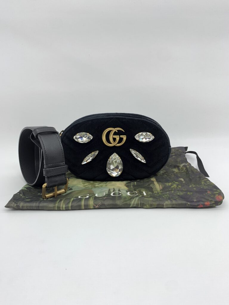 Gucci Marmont Belt Bag Giant Crystal Velvet Black GHW