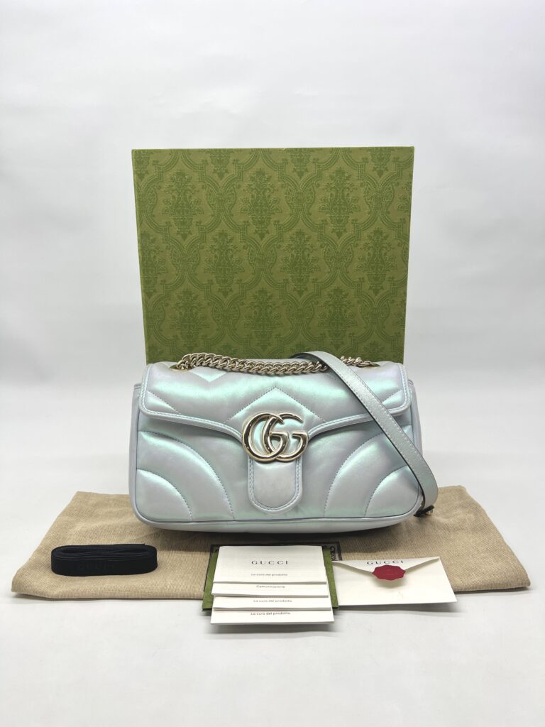 Gucci Marmont Flap Small Matelasse Iridescent Light Blue GHW