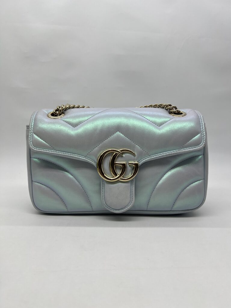 Gucci Marmont Flap Small Matelasse Iridescent Light Blue GHW