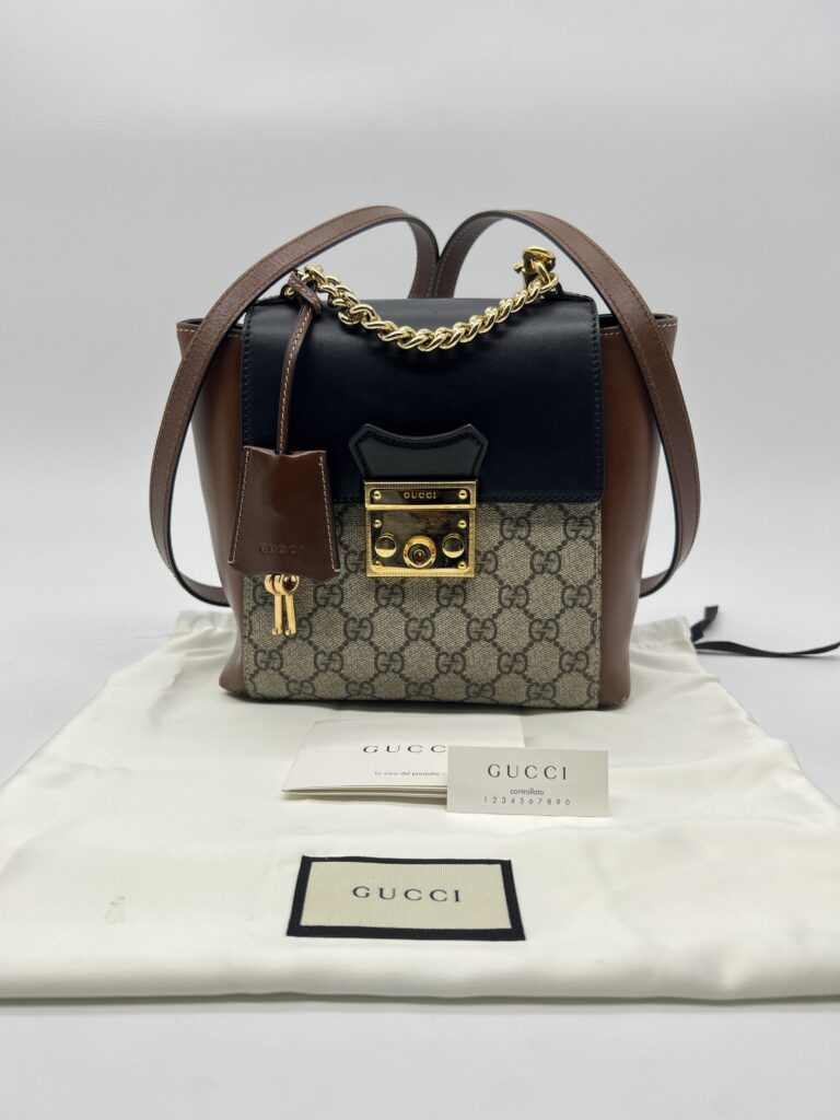 Gucci Mini Padlock Backpack GG Supreme Black Brown GHW