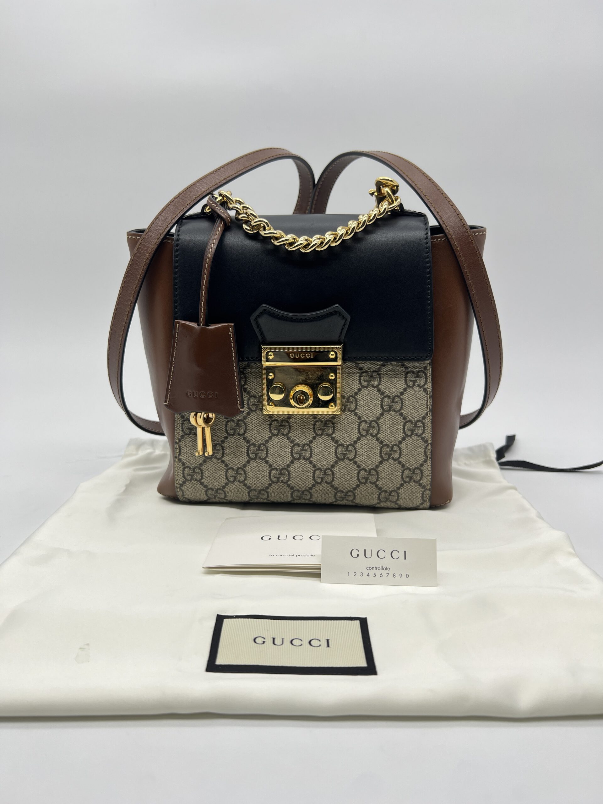 Gucci Mini Padlock Backpack GG Supreme Black Brown GHW