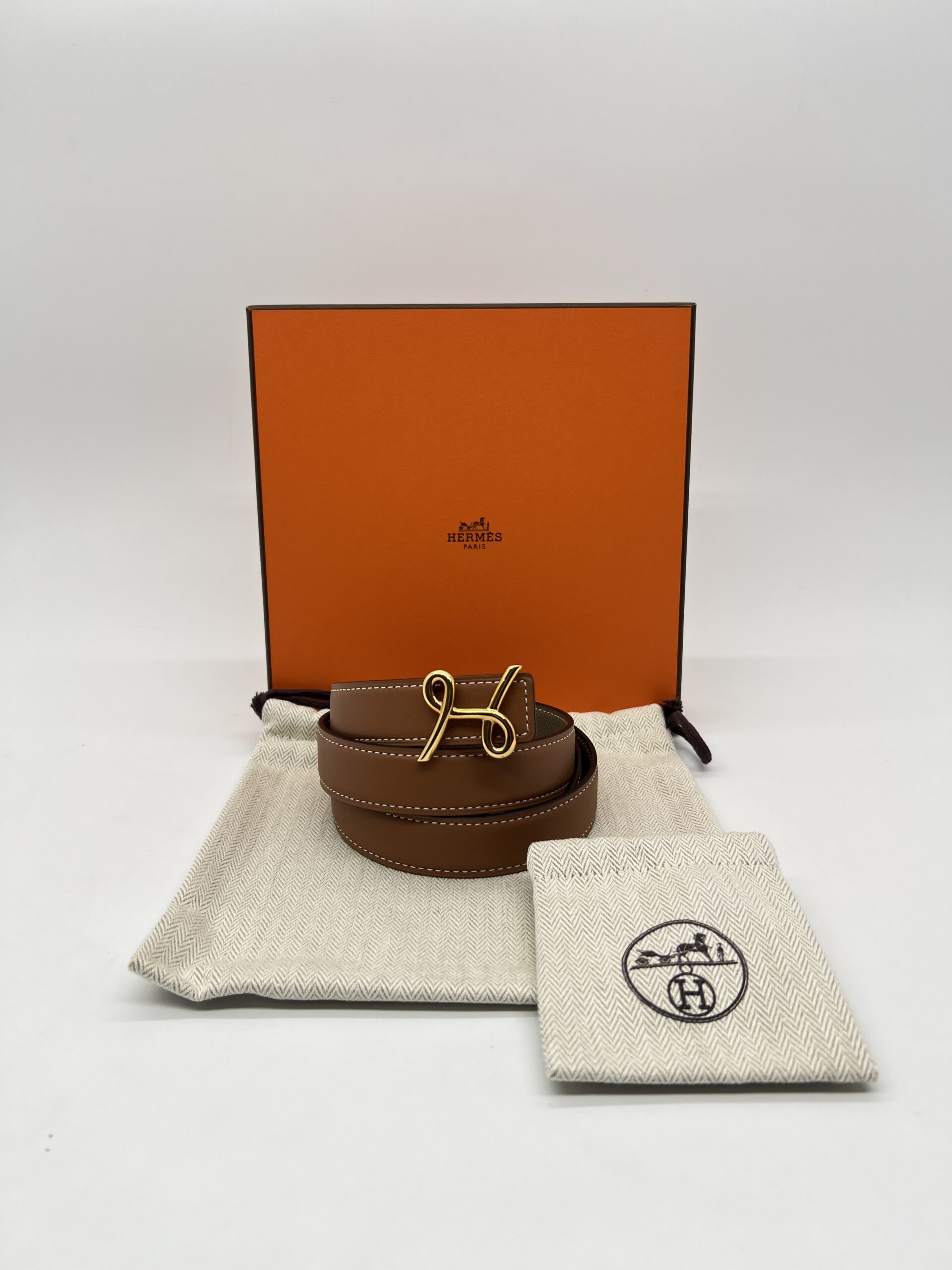 Hermes H Cursive Belt Veau Epsom Gold/Etoupe