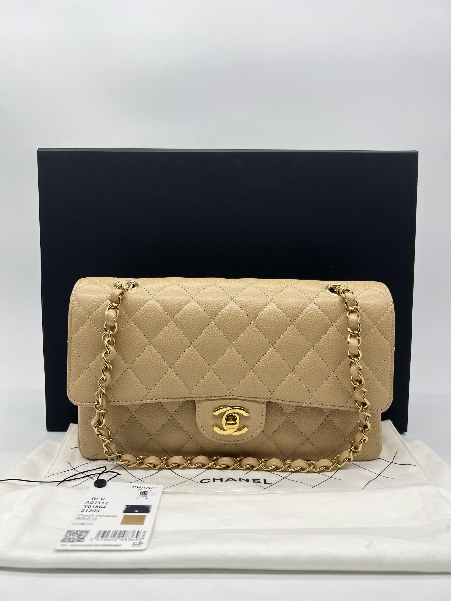Chanel Medium Classic D Flap Caviar Beige GHW
