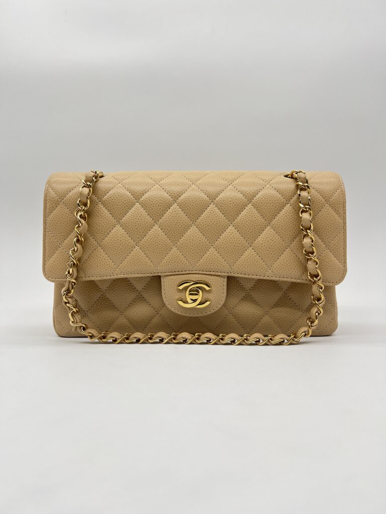 Chanel Medium Classic D Flap Caviar Beige GHW