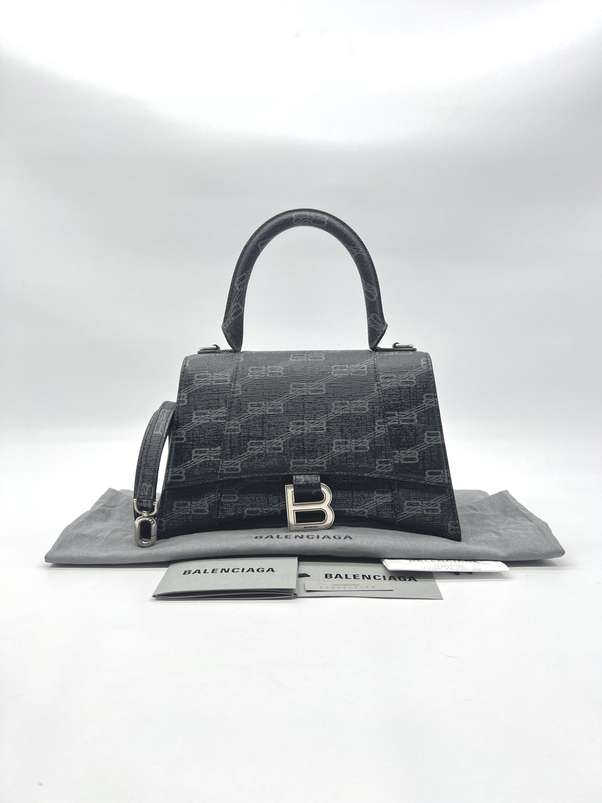Balenciaga Hourglass Small BB All Over Logo Black Grey SHW