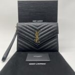Saint Laurent Envelope Wristlet Grained Black GHW