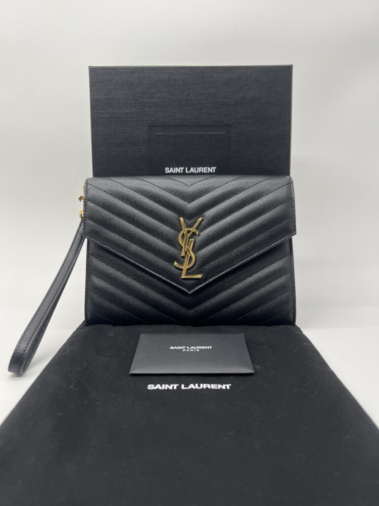 Saint Laurent Envelope Wristlet Grained Black GHW