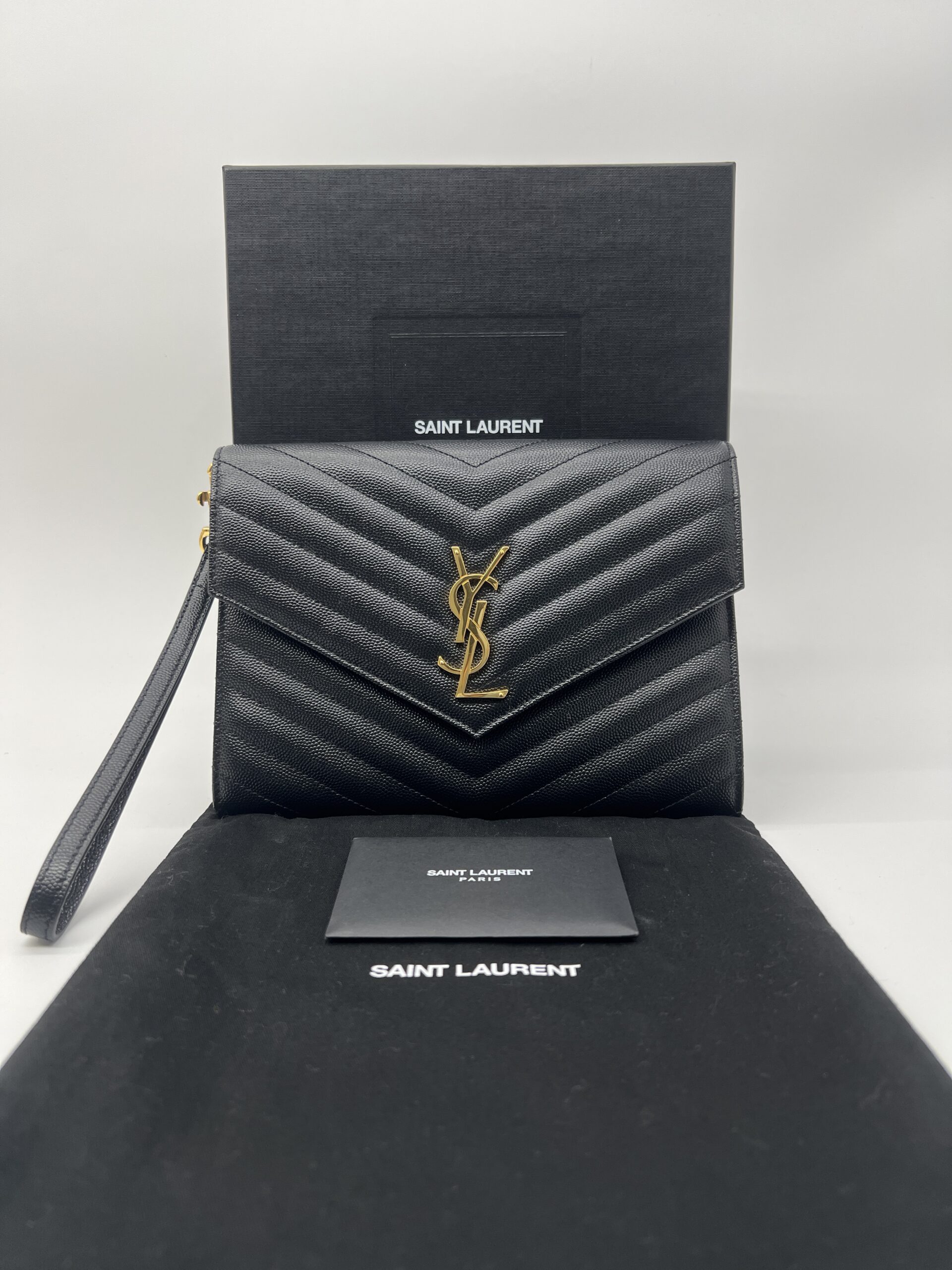 Saint Laurent Envelope Wristlet Grained Black GHW