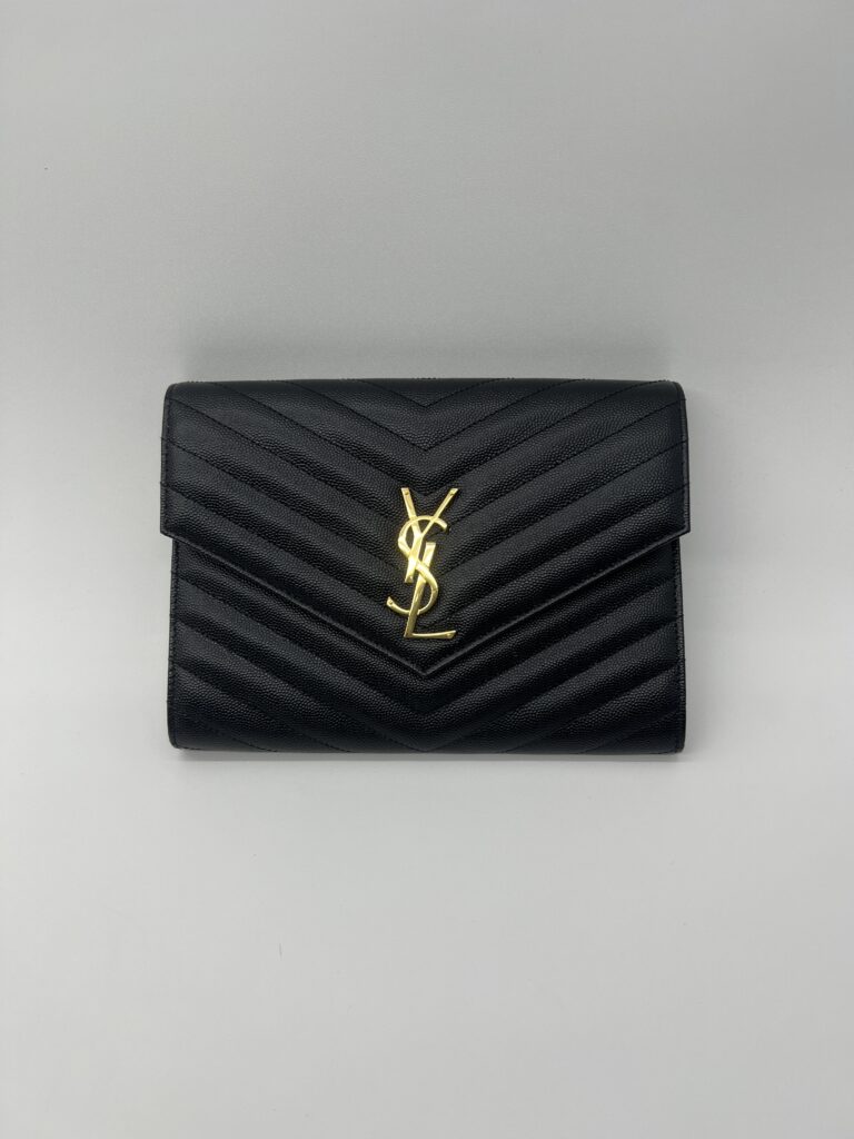 Saint Laurent Envelope Wristlet Grained Black GHW