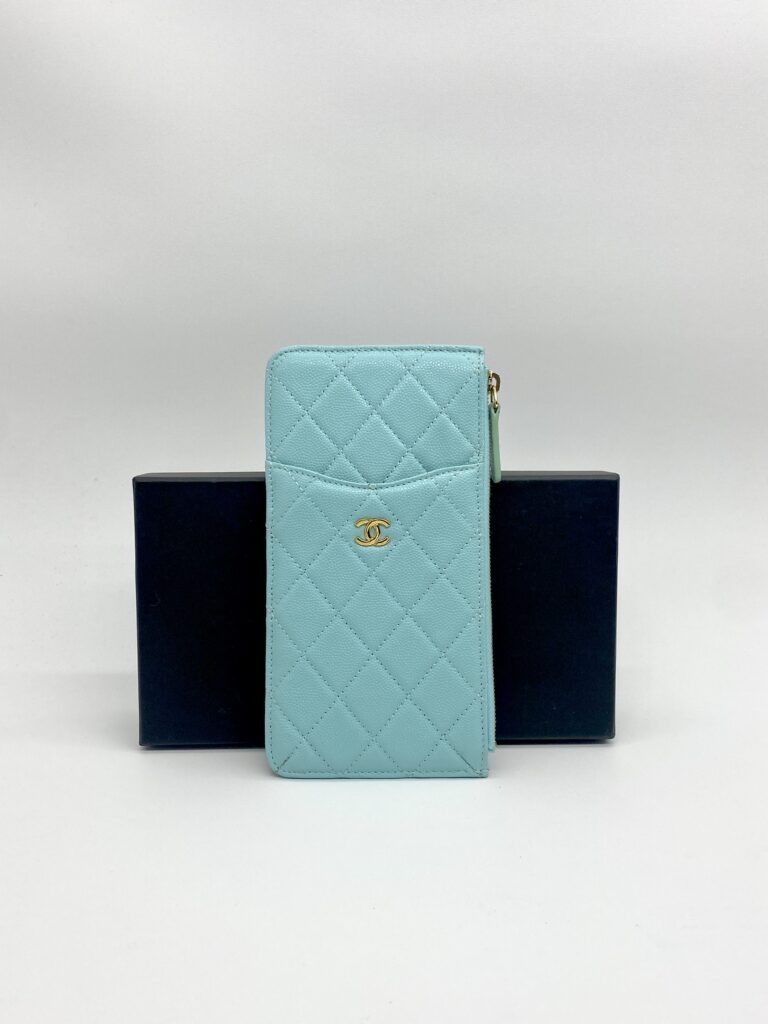 Chanel Classic Flat Wallet Caviar Light Blue GHW