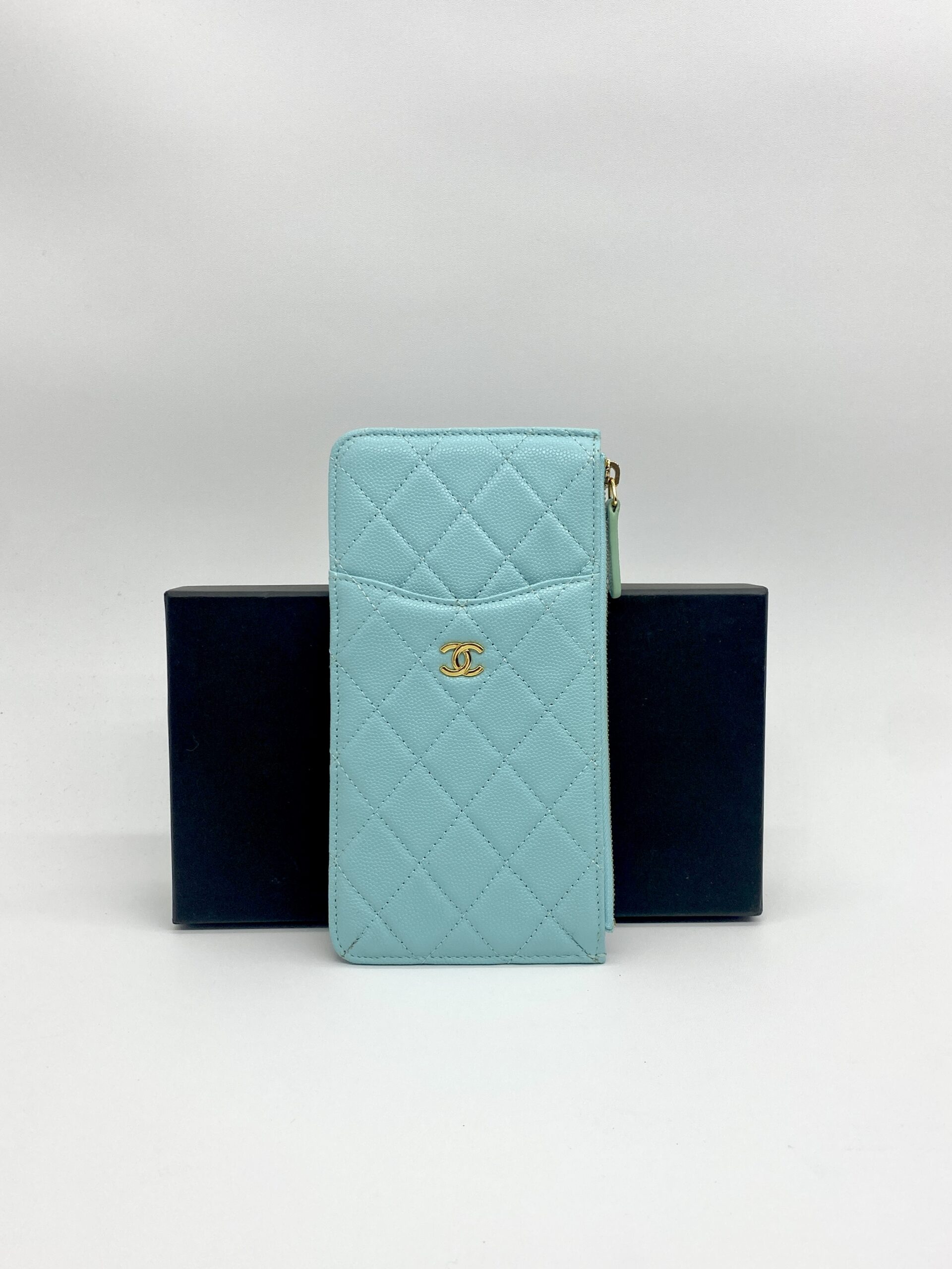 Chanel Classic Flat Wallet Caviar Light Blue GHW