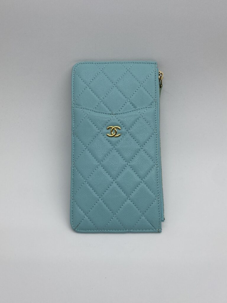 Chanel Classic Flat Wallet Caviar Light Blue GHW
