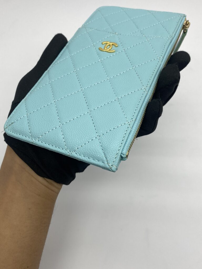 Chanel Classic Flat Wallet Caviar Light Blue GHW