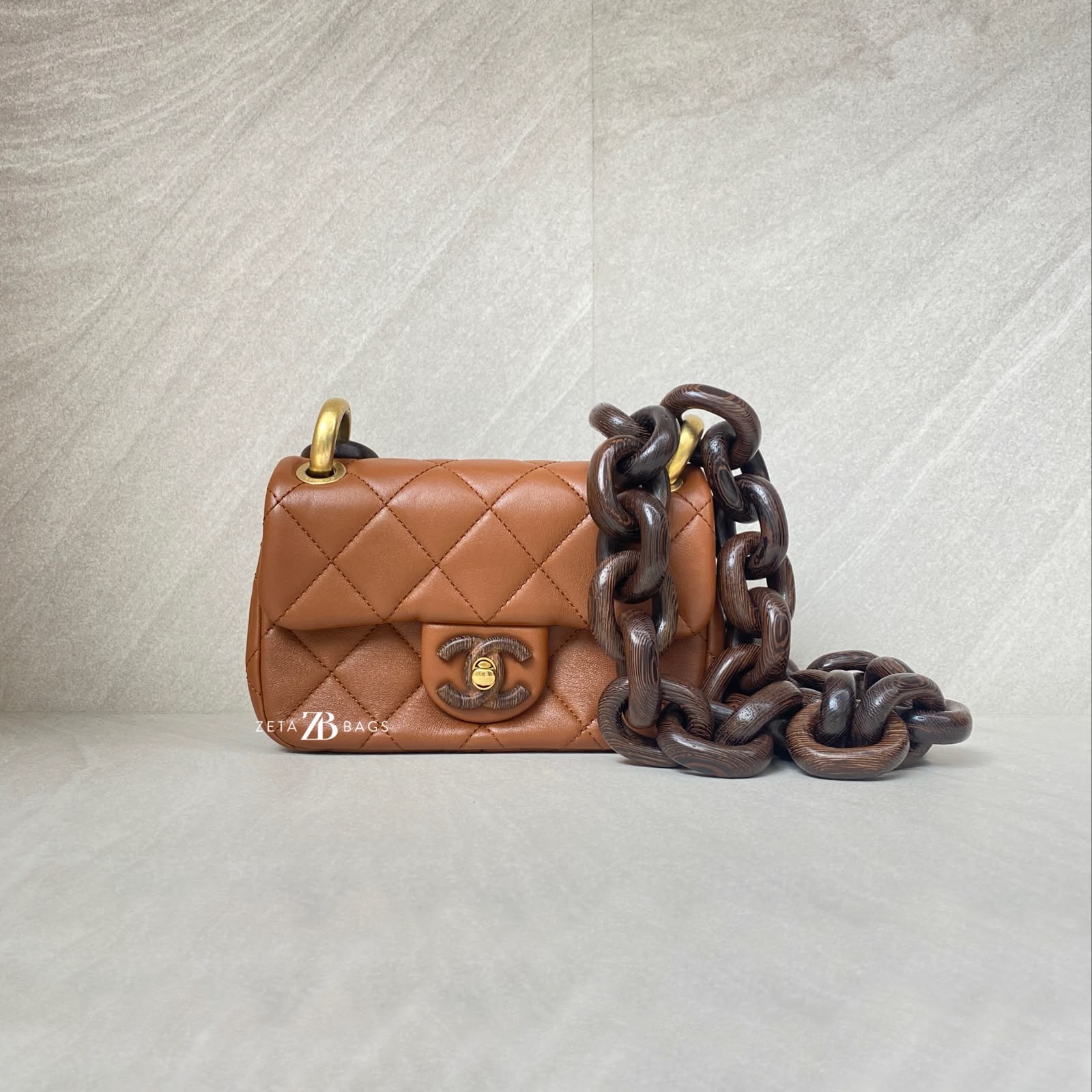Chanel Mini Flap Rectangle Paris Lambskin Caramel Brown Wood HW